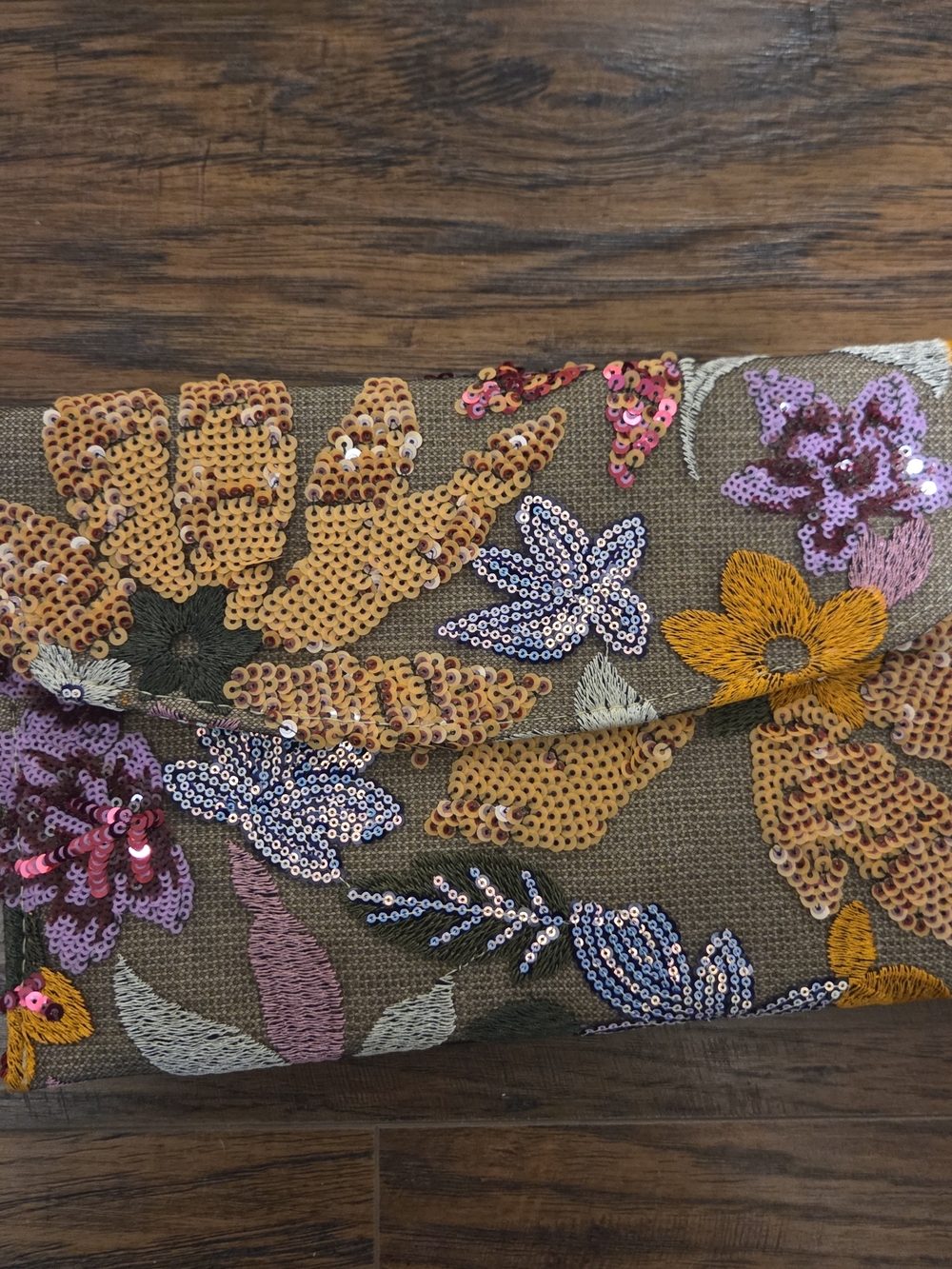 Floral Sequin Embroidered Clutch - Brown